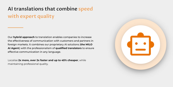 Slide: AI translations combining speed with expert quality using a hybrid AI and human approach for faster, cheaper localization. Includes an orange robot head icon.