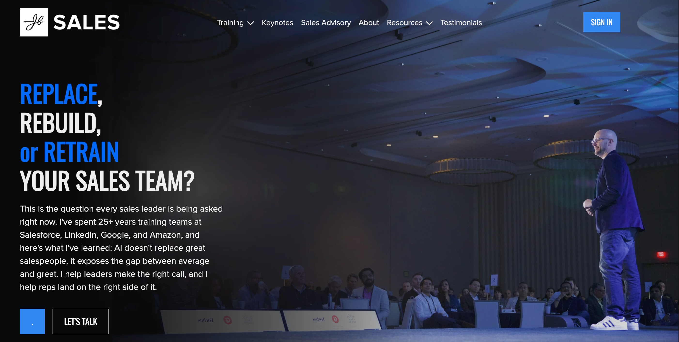 Webpage for "SALES" with a man speaking on a stage to an audience, and text asking "REPLACE, REBUILD, or RETRAIN YOUR SALES TEAM?".