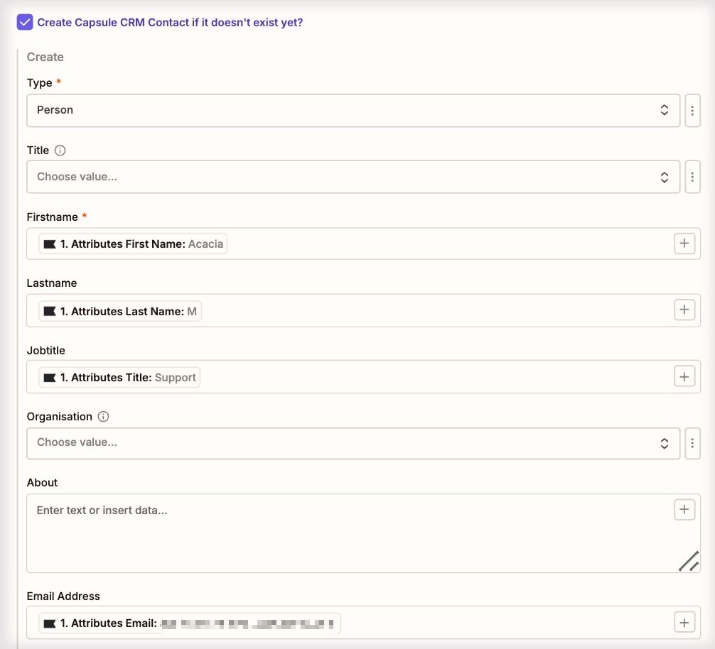 zapier create contact option with fields populated by klaviyo data