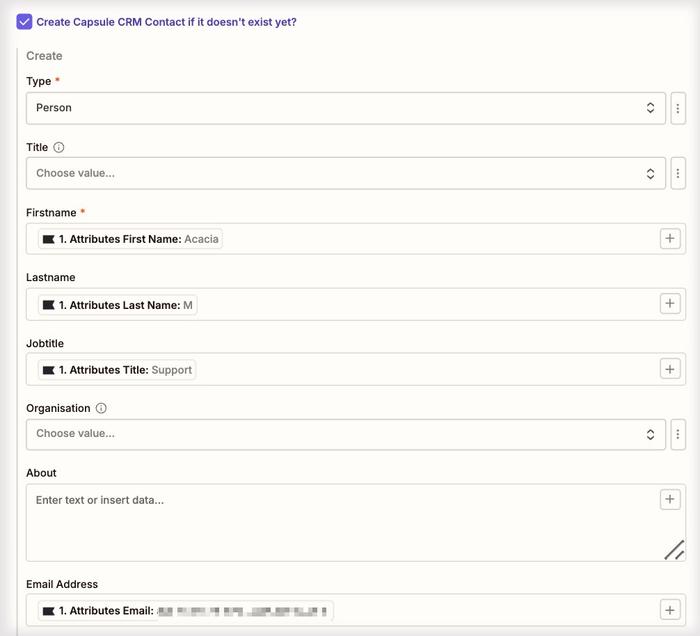 zapier create contact option with fields populated by klaviyo data