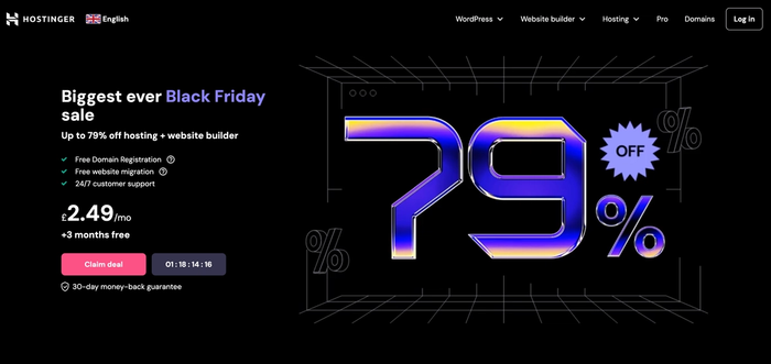 a web page for hostinger advertising a black friday sale