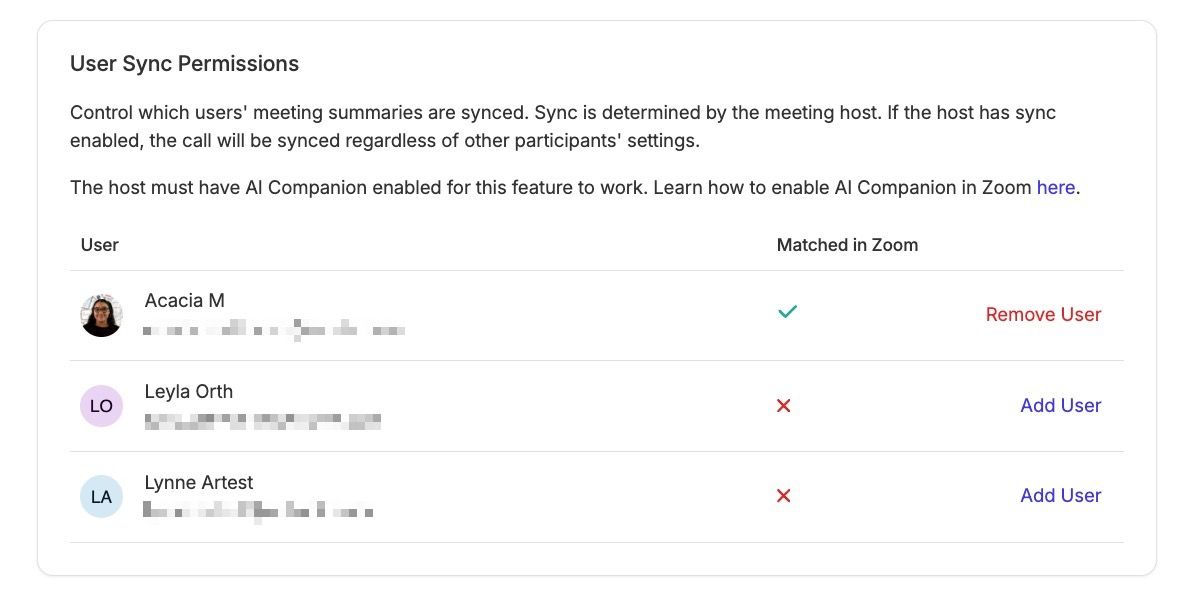 capsule to zoom user sync permissions area in account settings 