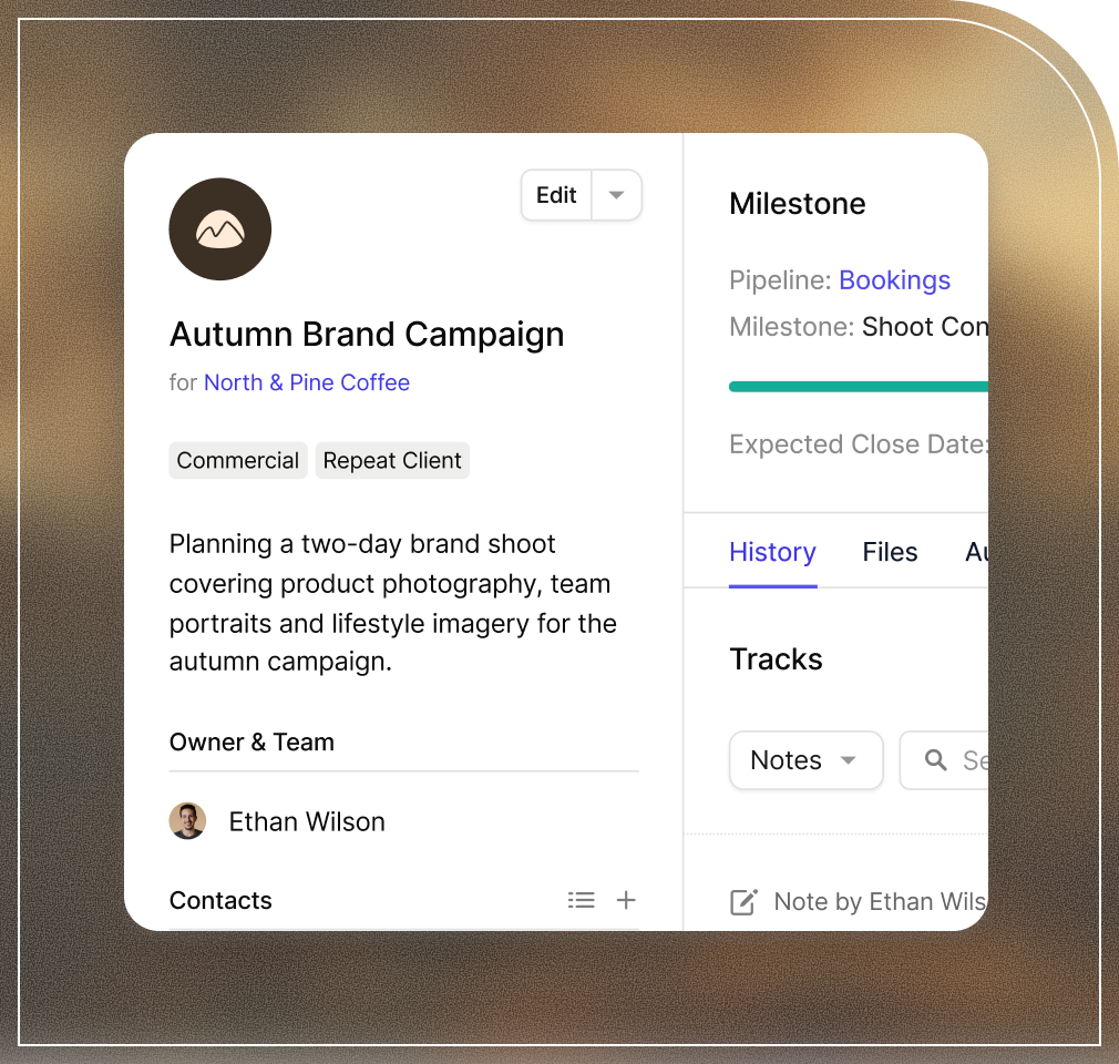 The Capsule interface displaying details for the "Autumn Brand Campaign" for "North & Pine Coffee", including a description, owner, and milestone progress.