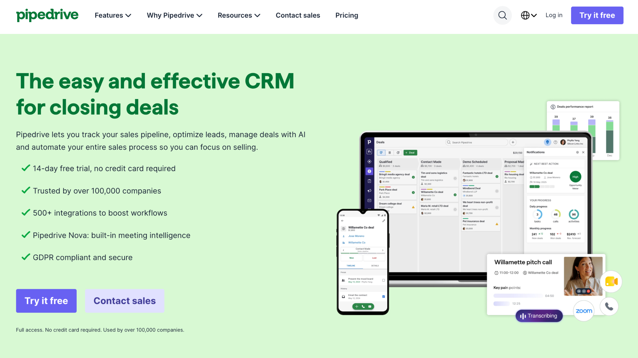 Pipedrive CRM webpage displaying its sales pipeline dashboard on a laptop, a mobile app, and a video call transcription feature, with the headline "The easy and effective CRM for closing deals."