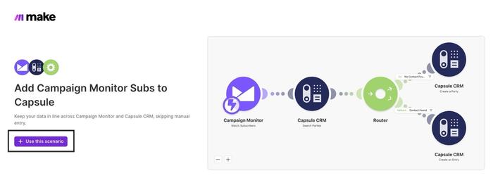 campaign monitor scenario landing page with use this scenario button highlighted