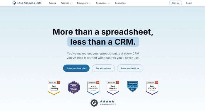 Less Annoying CRM website homepage with the tagline "More than a spreadsheet, less than a CRM" and various awards.