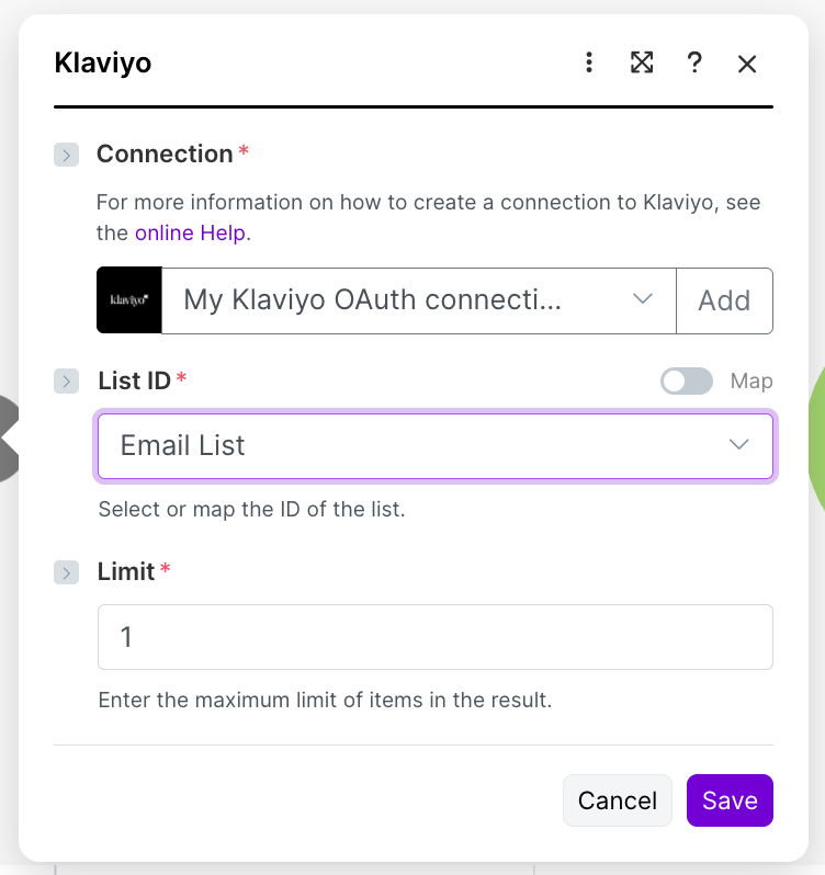klaviyo connection list id populated in make