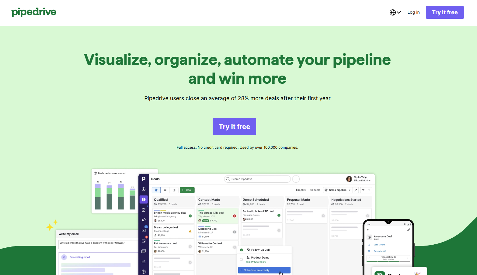Pipedrive website homepage showing its sales pipeline management interface with the headline "Visualize, organize, automate your pipeline and win more."