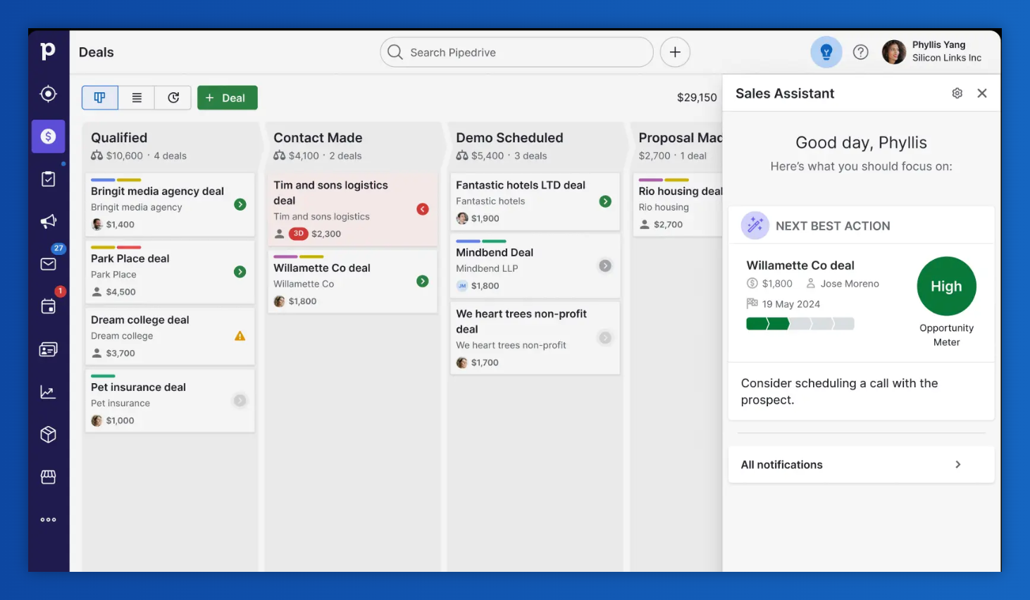 a screenshot of a sales assistant dashboard