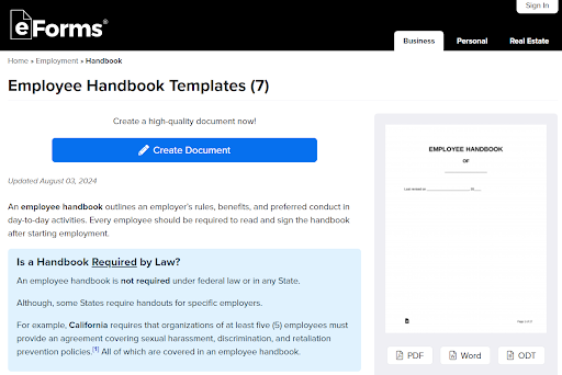 a screenshot of the employee handbook templates page
