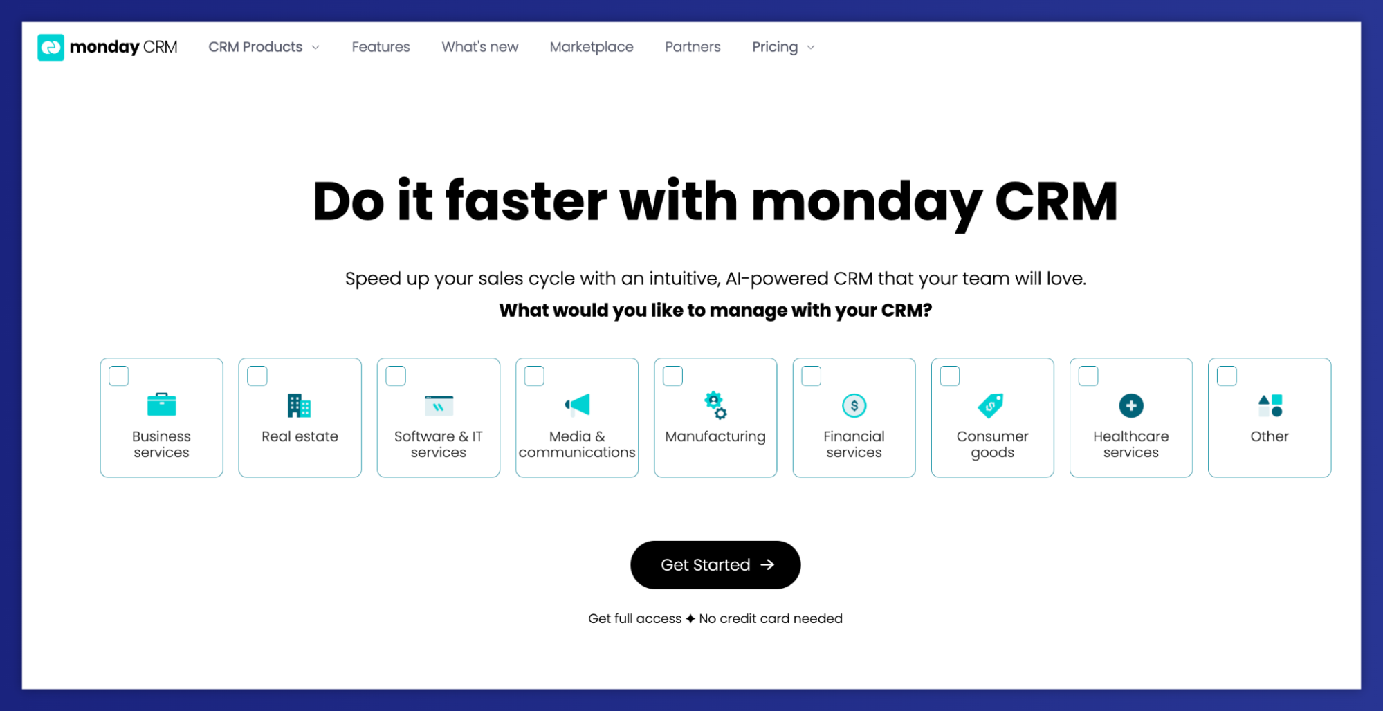 monday CRM homepage with sales workflow headline and industry options.