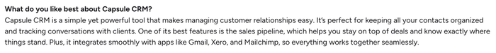 Text answering "What do you like best about Capsule CRM?", highlighting its ease of use, contact organization, sales pipeline, and integrations with Gmail, Xero, and Mailchimp.