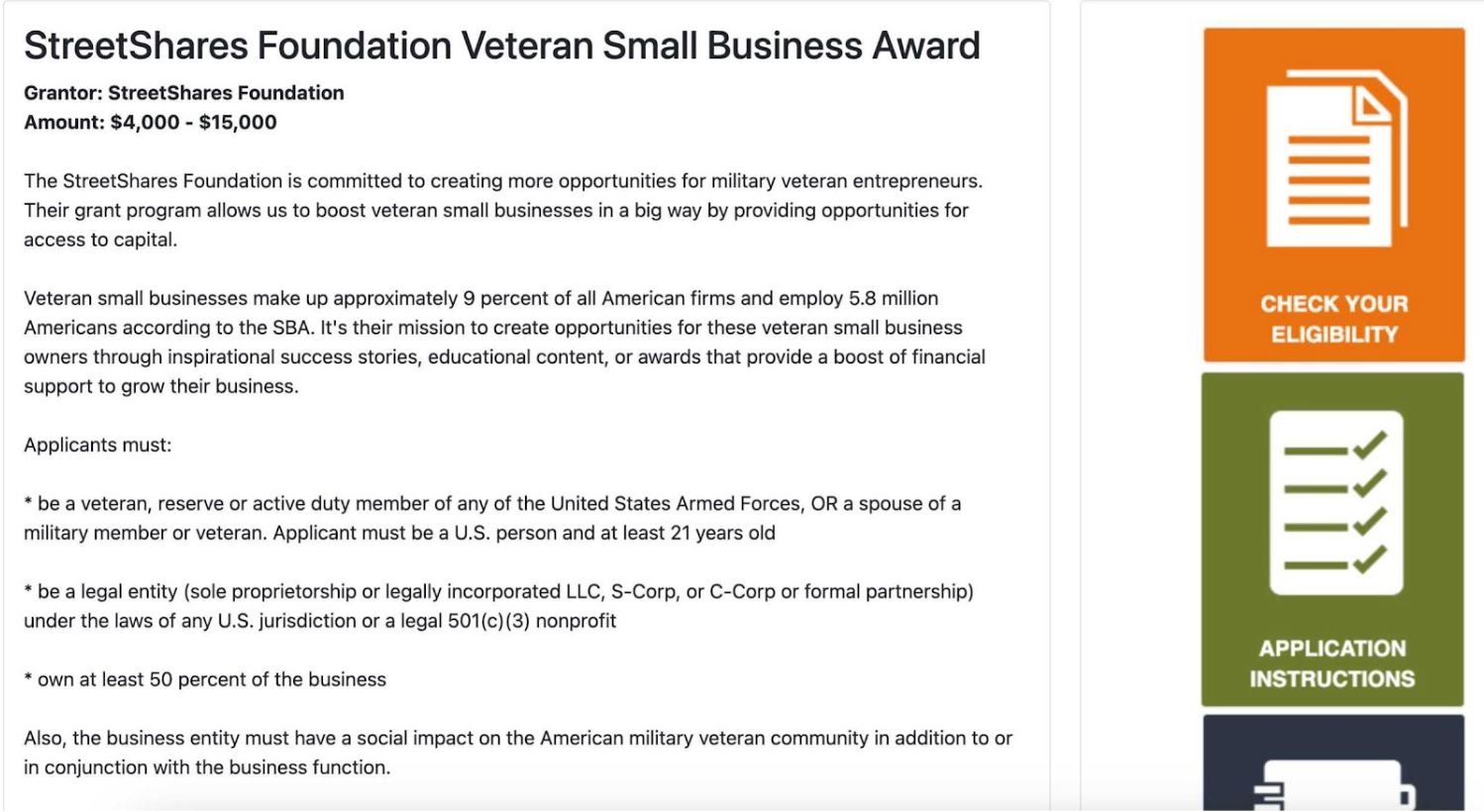 StreetShares small business award