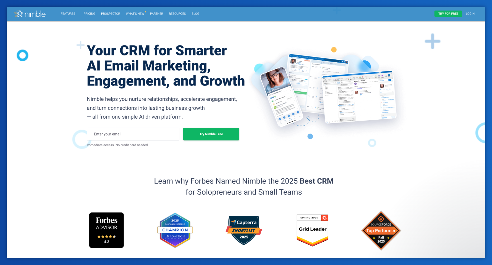 Nimble CRM website homepage displaying its AI email marketing features and platform interfaces.