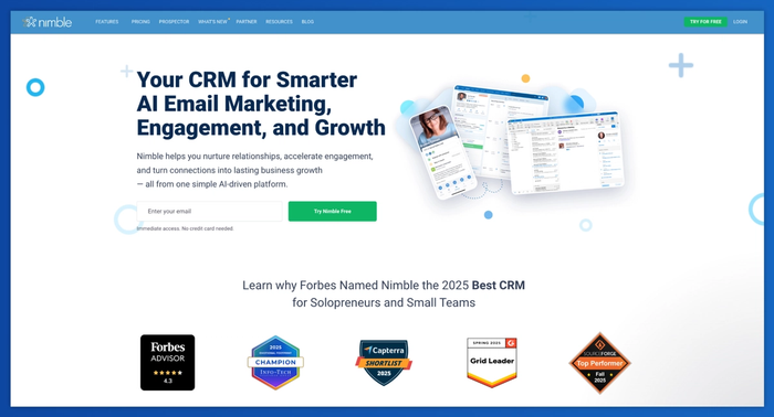 Nimble CRM website homepage displaying its AI email marketing features and platform interfaces.