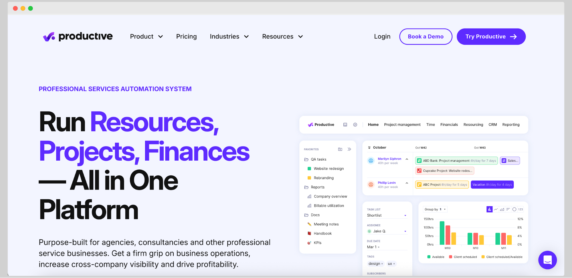 Página de inicio de Productive.io.