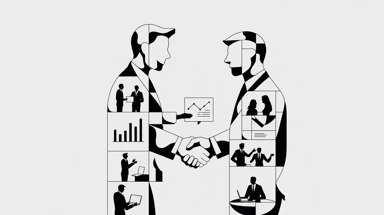 Stylized illustration of two business figures shaking hands, their forms composed of various business scenes and data.