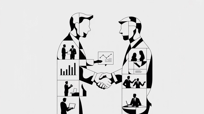 Stylized illustration of two business figures shaking hands, their forms composed of various business scenes and data.