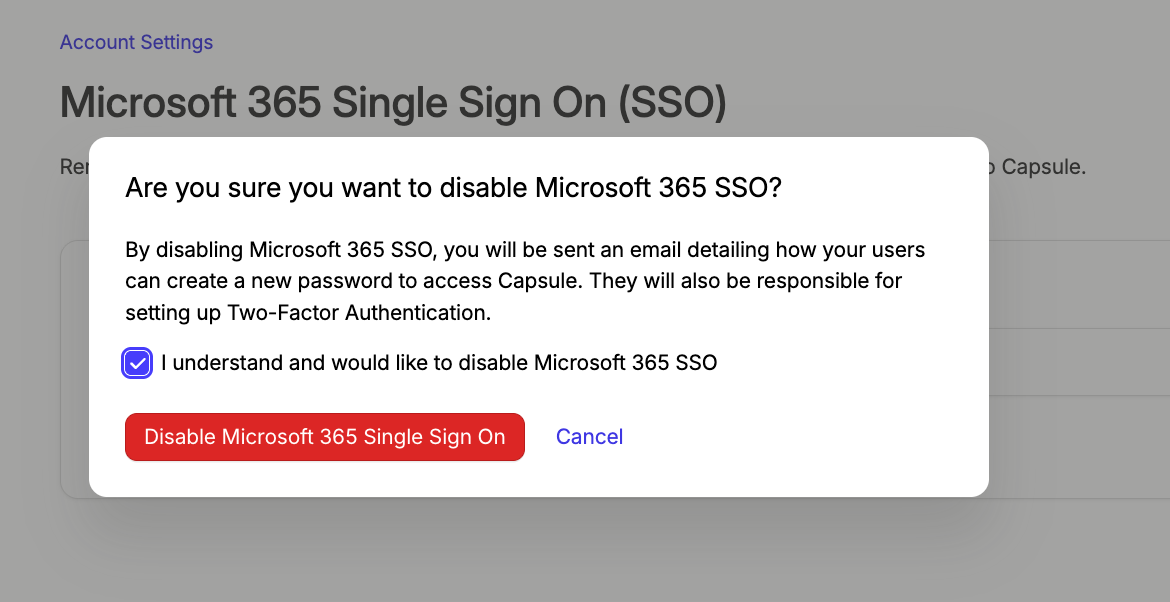 Ventana modal con una casilla de verificación para confirmar que el inicio de sesión único de Microsoft está deshabilitado