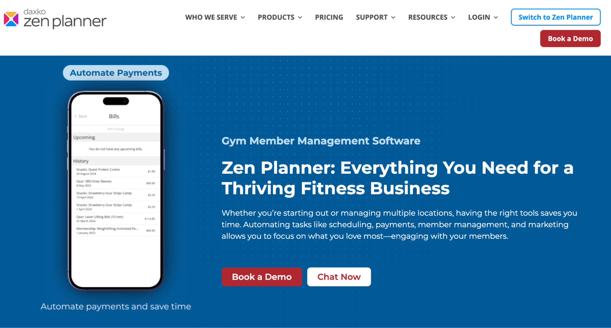Daxko Zen Planner website displaying a smartphone with an automated payment screen for gym member management software.