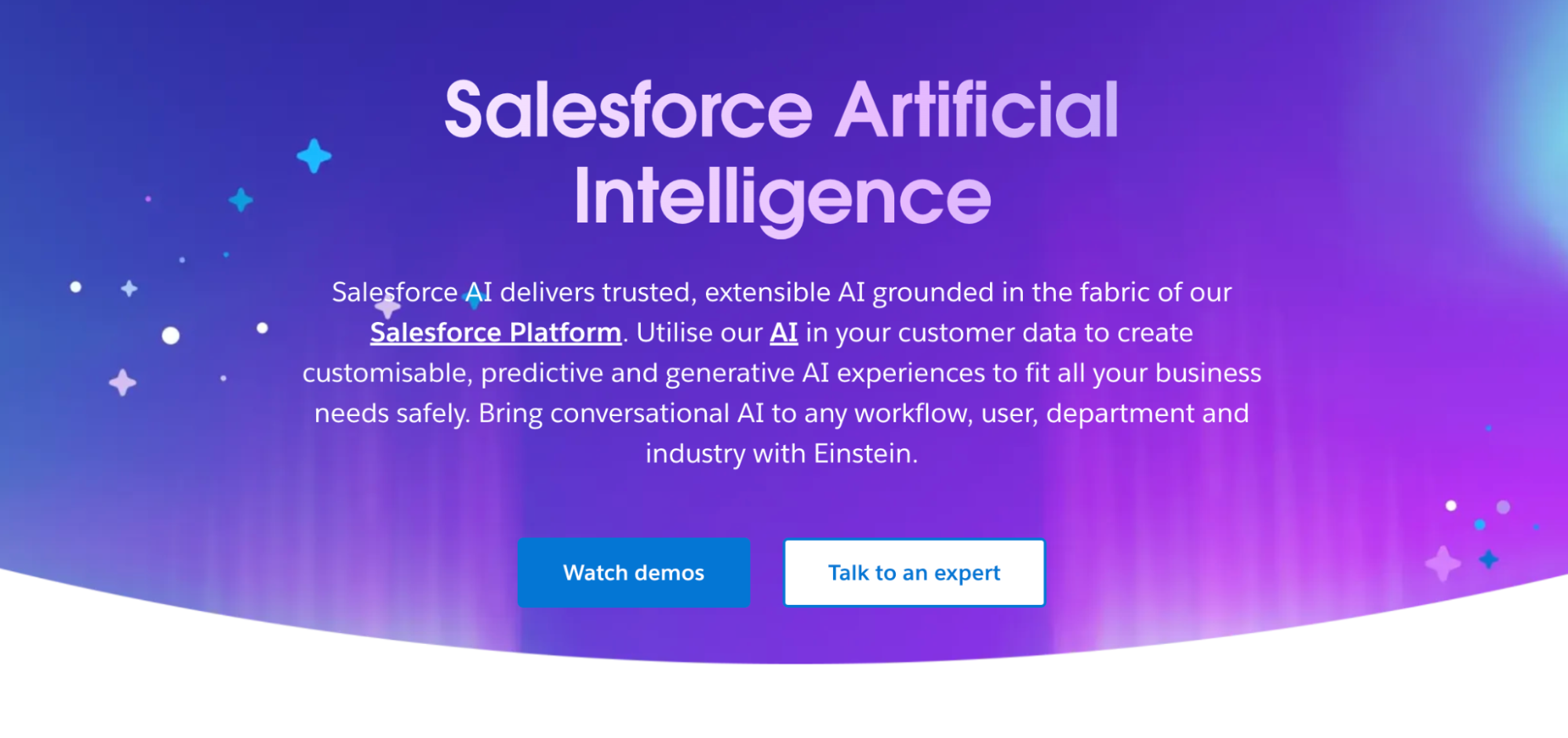 Salesforce Artificial Intelligence webpage with a description of its AI platform and options to "Watch demos" or "Talk to an expert".