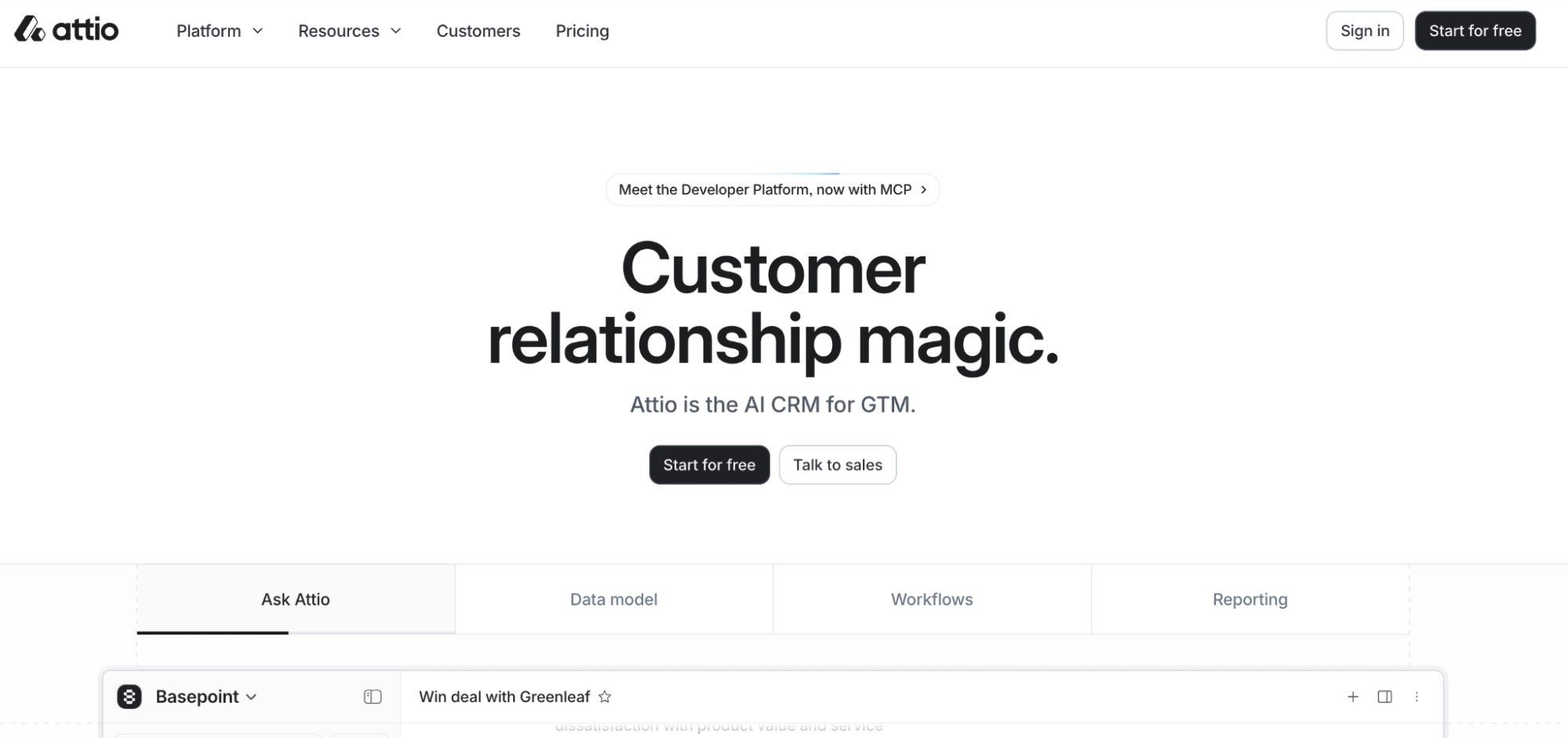 The Attio AI CRM homepage displaying the headline "Customer relationship magic."