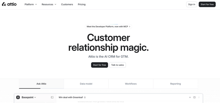Attio AI CRM homepage featuring the headline "Customer relationship magic."