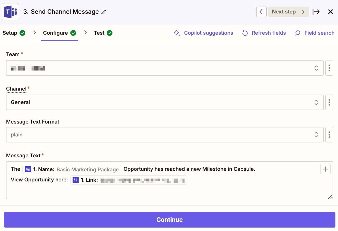 showing the message text field for microsoft teams populated in zapier