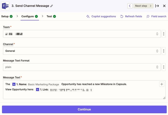showing the message text field for microsoft teams populated in zapier