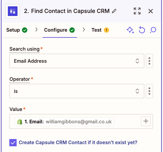affichage de l'onglet de configuration dans l'étape de recherche dans le modèle de zap Shopify