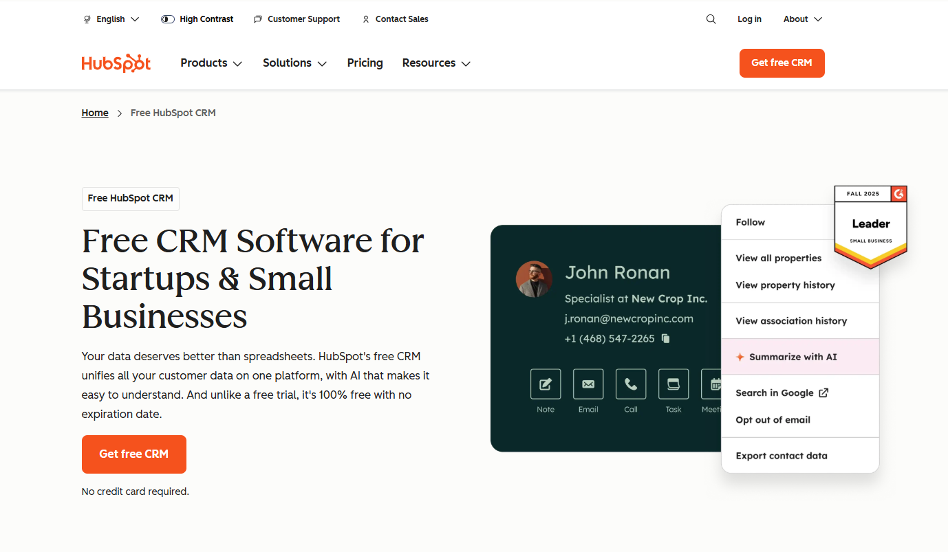 HubSpot webpage for free CRM software, displaying a contact card with a menu open to 'Summarize with AI'.