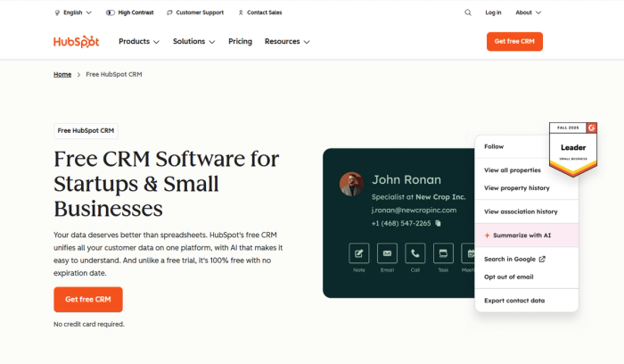 HubSpot webpage for free CRM software, displaying a contact card with a menu open to 'Summarize with AI'.