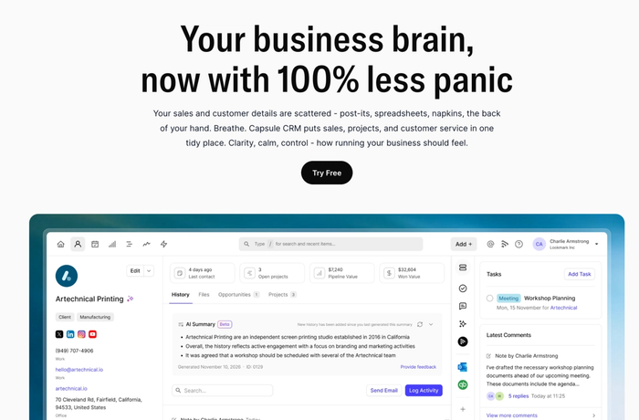 Promotional image for Capsule CRM with the headline "Your business brain, now with 100% less panic" above a screenshot of its client management dashboard.