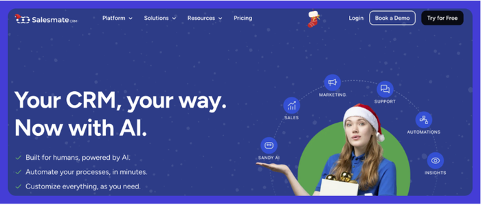 a woman in a santa hat is on the salesmate website