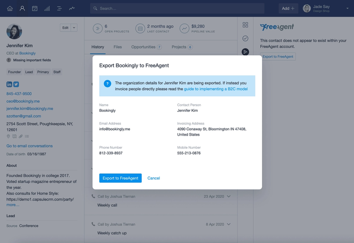 Modal for exporting contact to FreeAgent