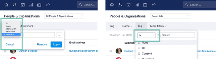 two panels with two versions of the People & Organizations section in Capsule - the first showing a text filter with 'contains' selected, the other with 'is' selected
