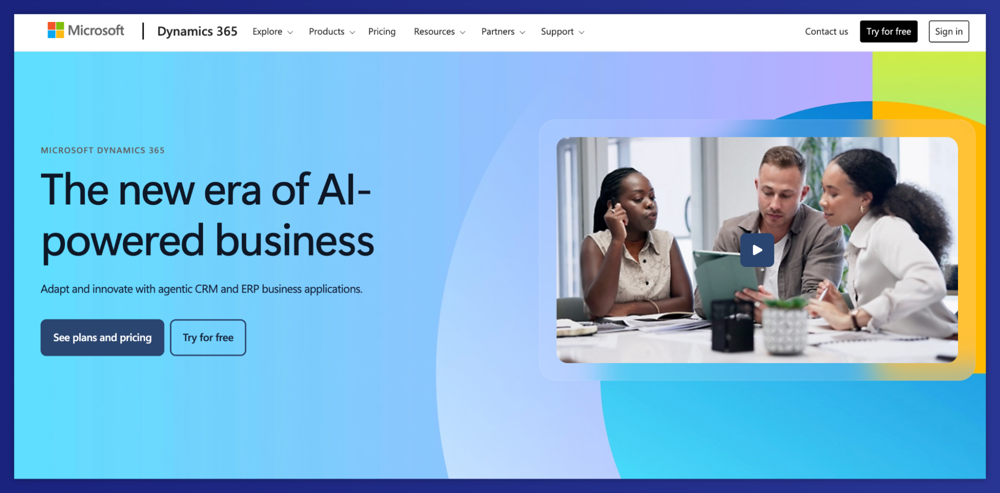 Microsoft Dynamics 365 website landing page promoting AI-powered business, featuring a video thumbnail of three collaborating colleagues.