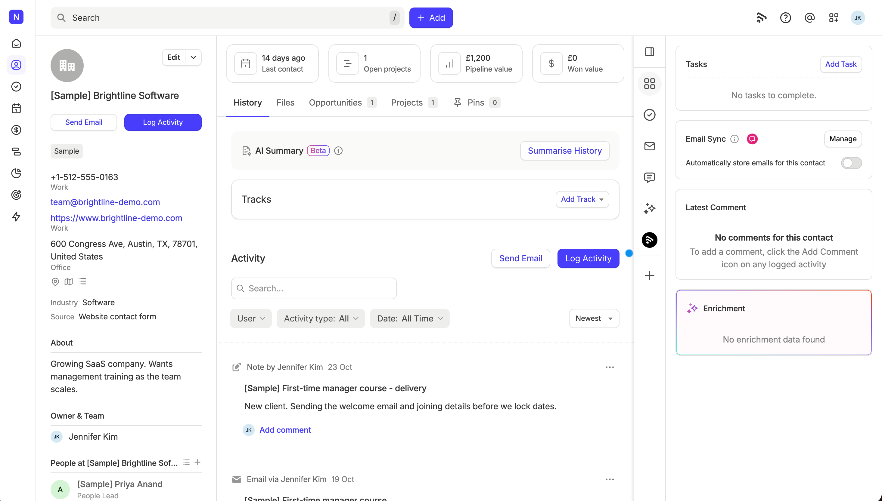 Example of a sample contact showing their information and activity logged