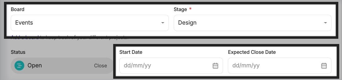 formulario de nuevo proyecto con tablero, etapa, fecha de inicio y fecha de cierre esperada resaltados