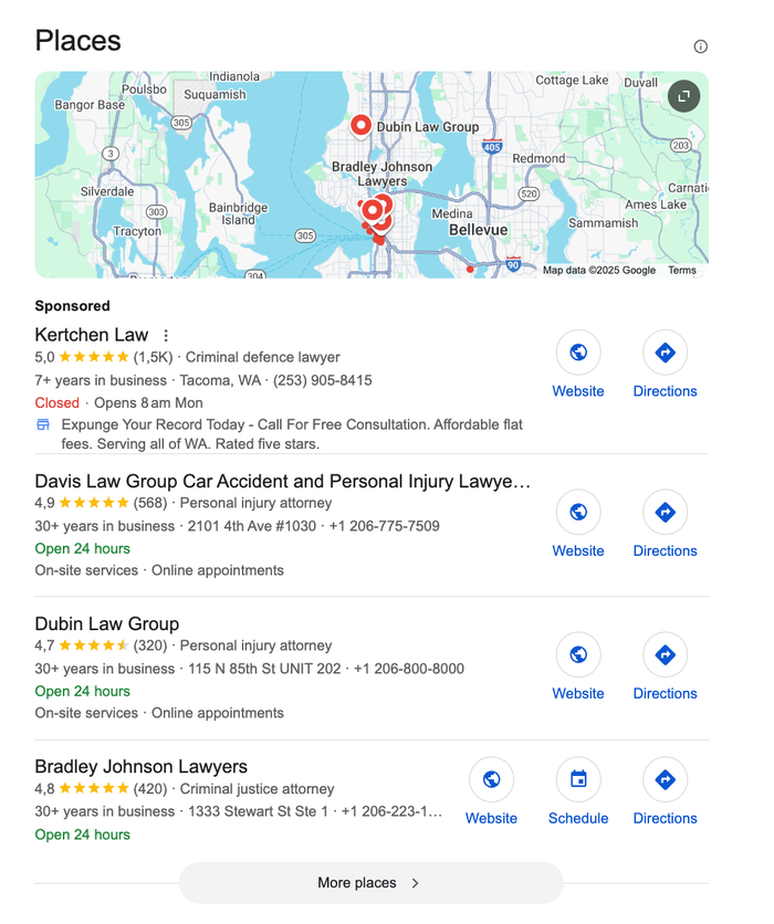Map and listings of top-rated personal injury and criminal defense lawyers in Seattle, including Dubin Law Group and Davis Law Group.