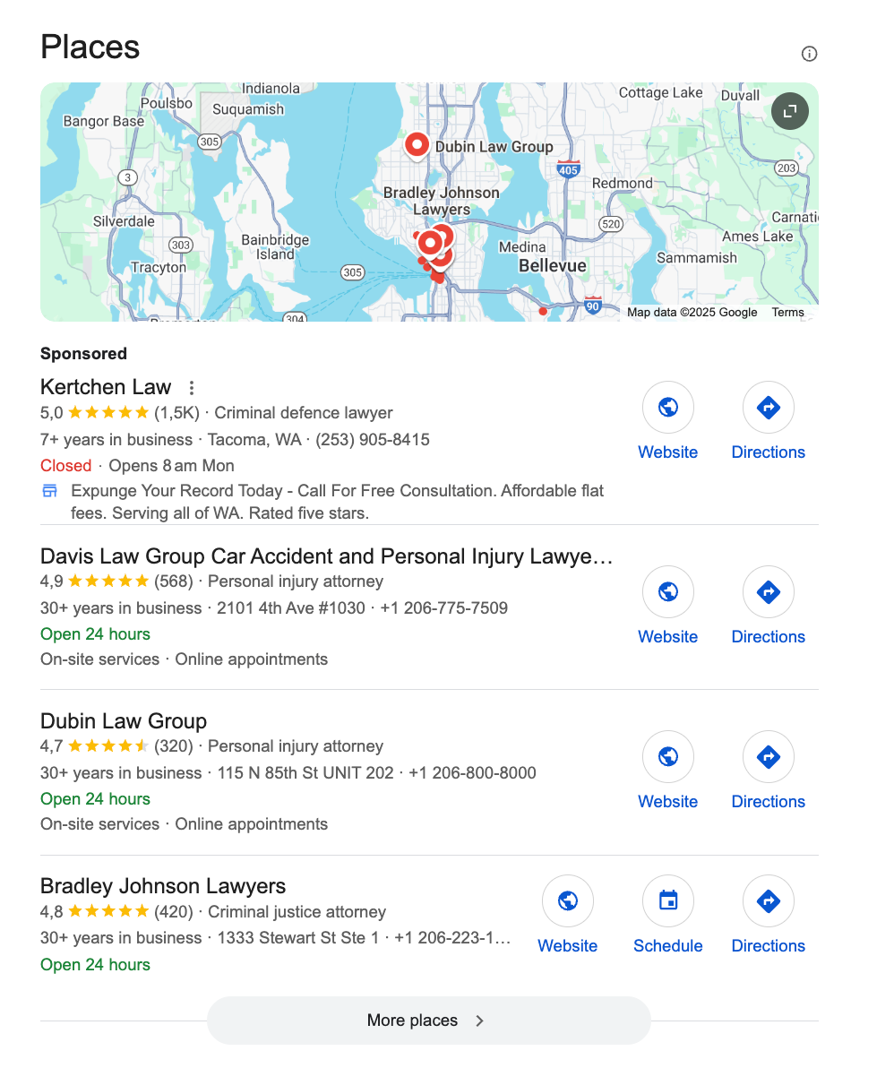 Map and listings of top-rated personal injury and criminal defense lawyers in Seattle, including Dubin Law Group and Davis Law Group.