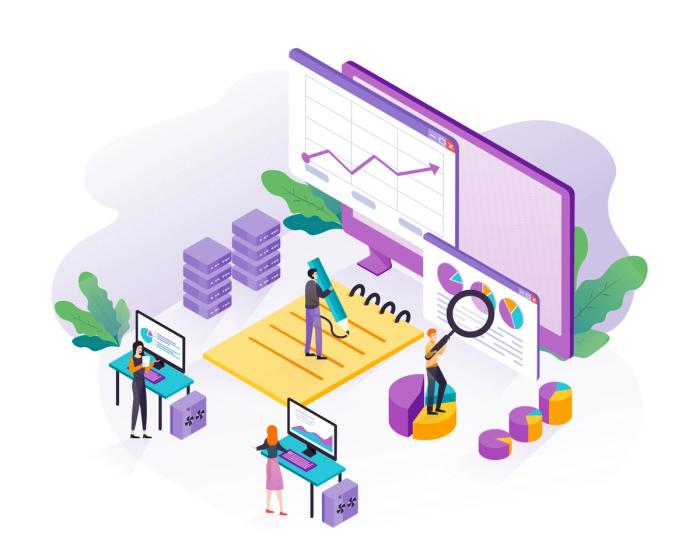 Illustration depicts team members collaboratively interrogating data and working together