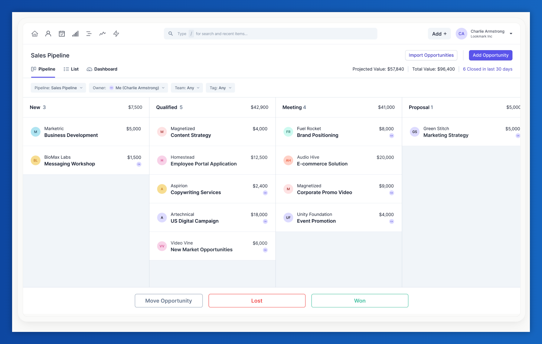 a screenshot of a sales pipeline with a list of opportunities