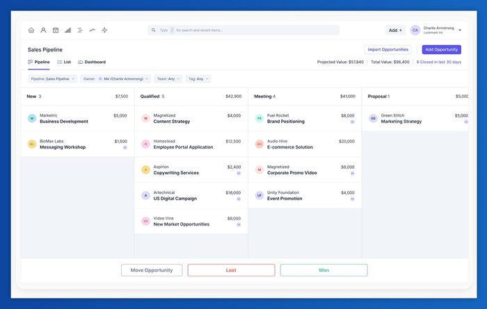 a screenshot of a sales pipeline with a list of opportunities