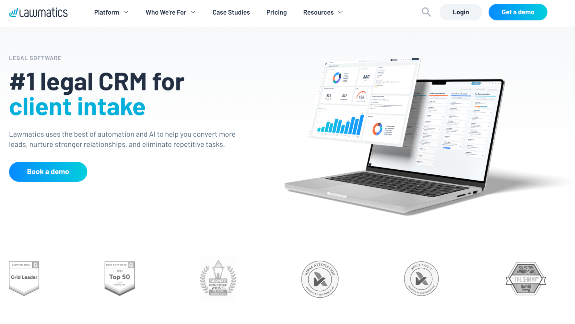 Lawmatics homepage displaying its legal CRM software on a laptop, with text reading '#1 legal CRM for client intake'.