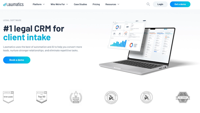 Lawmatics homepage displaying its legal CRM software on a laptop, with text reading '#1 legal CRM for client intake'.