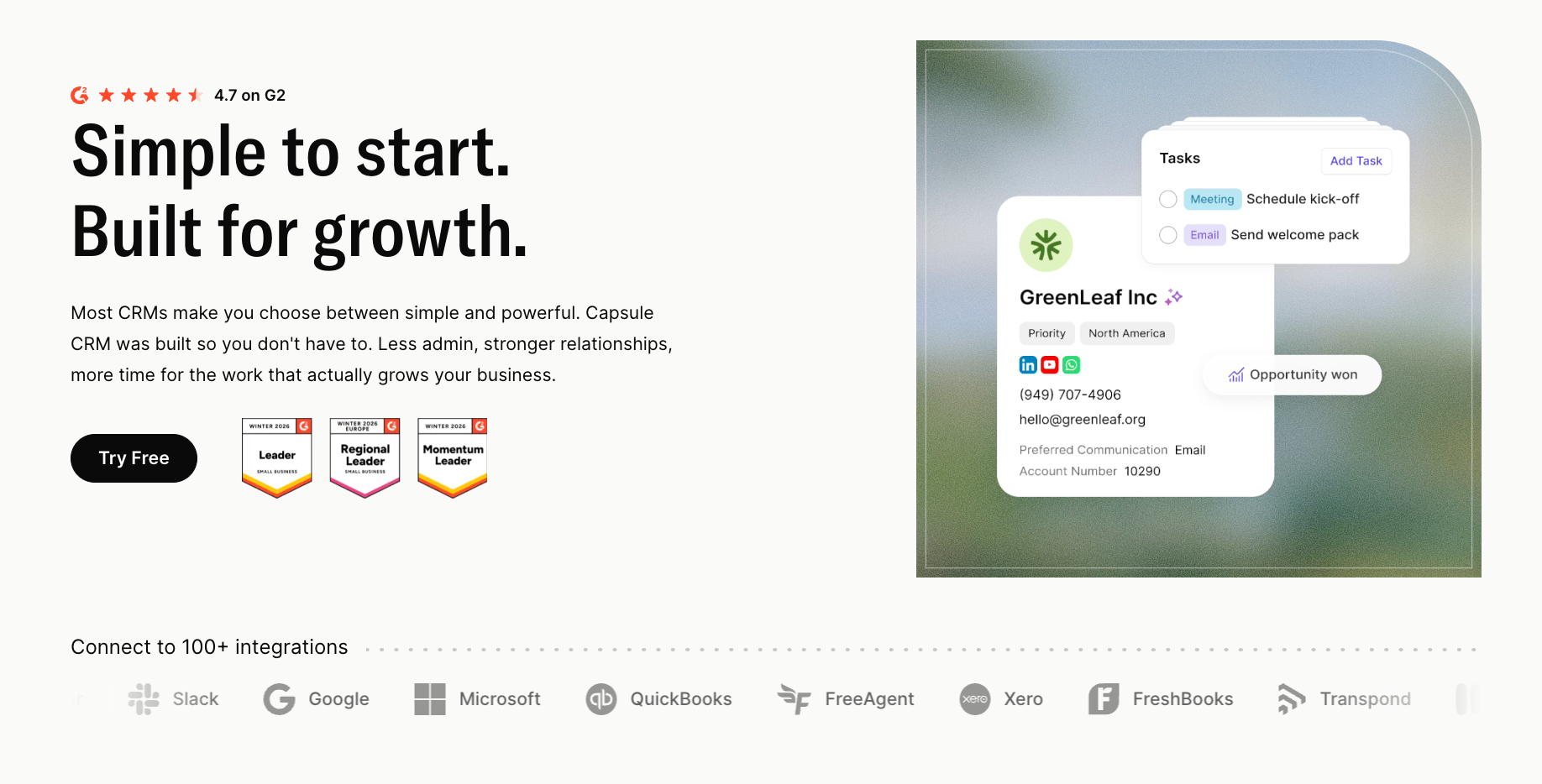 Capsule CRM landing page with "Simple to start. Built for growth" headline, a CRM interface showing contact details and tasks, and various integration logos.
