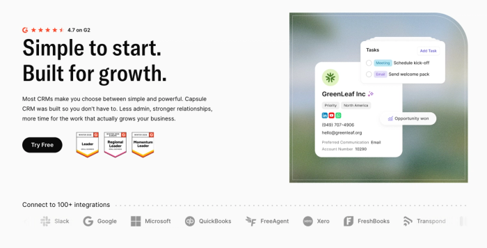 Capsule CRM landing page with "Simple to start. Built for growth" headline, a CRM interface showing contact details and tasks, and various integration logos.
