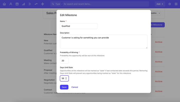 a screenshot shows a user creating and configuring stages in their sales pipeline