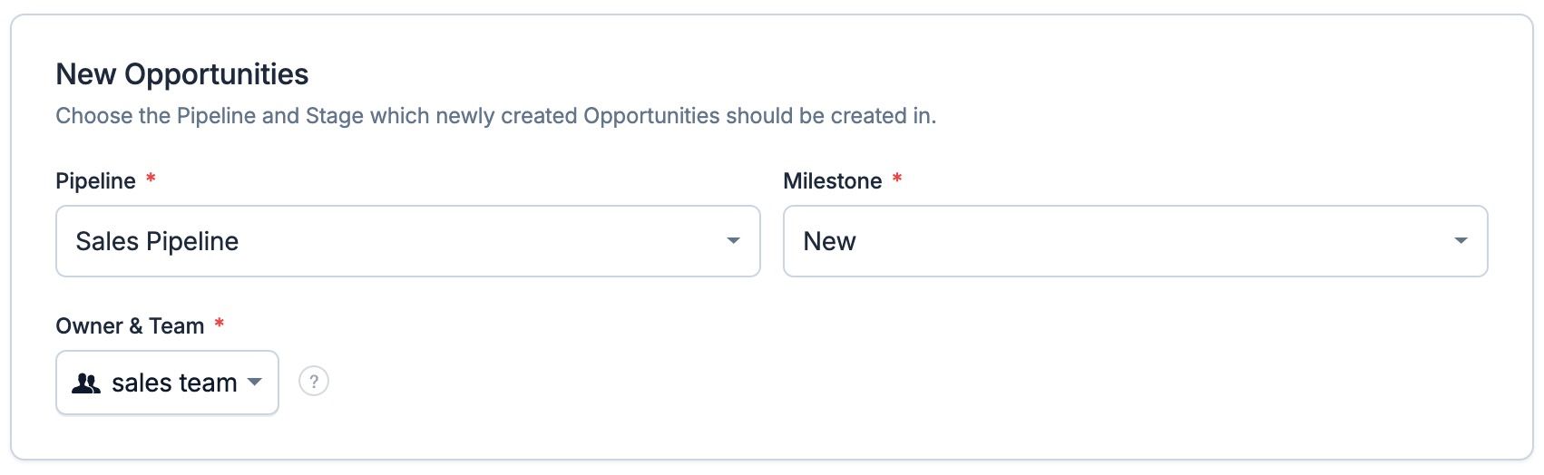 Ajustes de integración de Lemlist para definir bajo qué pipeline, hito y usuario o equipo se crearán las nuevas oportunidades